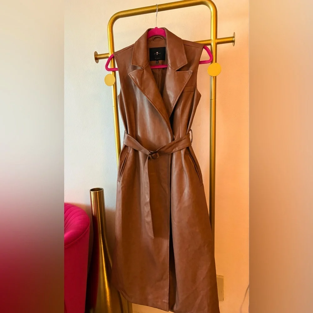 7 For All Mankind Sleeveless Faux-Leather Trench Vest/Jacket in Brown/Tan Color - Picture 1 of 13